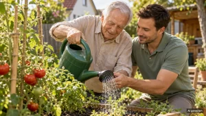 Alltagsbegleiter und älterer Herr halten gemeinsam eine grüne Gießkanne und bewässern Tomaten
