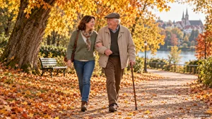 Alltagsbegleiterin und älterer Herr gehen lachend Arm in Arm durch einen Herbstpark