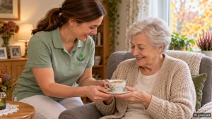 Alltagsbegleiterin reicht einer Seniorin im Sessel am Fenster Tee