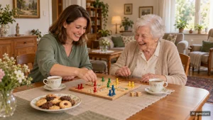 Alltagsbegleiterin und Seniorin lachen beim Brettspiel am Wohnzimmertisch