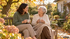 Alltagsbegleiterin und Seniorin trinken Kaffee auf einer herbstlichen Gartenbank