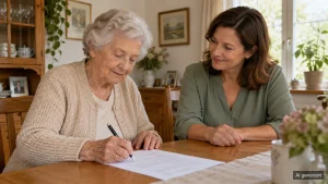 Alltagsbegleitung Pflegekasse: Seniorin unterschreibt ein Formular, während eine Alltagsbegleiterin freundlich daneben sitzt
