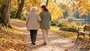 Alternative Verhinderungspflege: Seniorin und Alltagsbegleiterin Arm in Arm im Herbstpark
