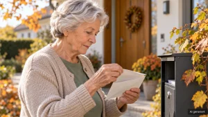Beratungseinsatz Pflegegeld: Seniorin liest einen Brief der Pflegekasse am Briefkasten