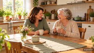Betreuungsdienst Kaiserslautern: Alltagsbegleiterin und Seniorin lachen bei Kaffee am Küchentisch