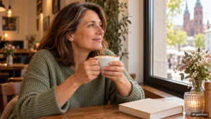 Frau genießt einen Cappuccino am Caféfenster