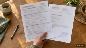Hand hält Krankenkassenantrag und ärztliche Bescheinigung über einem Holztisch