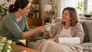 Haushaltshilfe Krankenkasse: Haushaltshilfe bringt einer Frau mit Gips und Decke auf dem Sofa Tee
