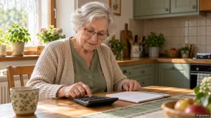Haushaltshilfe Pflegegrad 2: Seniorin bedient einen Taschenrechner und hält einen Stift über ihren Notizblock
