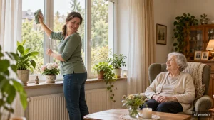 Haushaltshilfe Pflegekasse: Haushaltshilfe von GLÜCKSMOMENTE putzt ein Fenster, während eine Seniorin im Sessel lächelnd zusieht