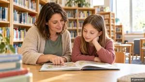 Inklusionsassistenz: Assistentin und Schülerin betrachten lächelnd ein Buch in einer hellen Schulbibliothek