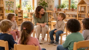 Integrationskraft Kita: Begleiterin lächelt einem kleinen Jungen im Stuhlkreis der Kita zu