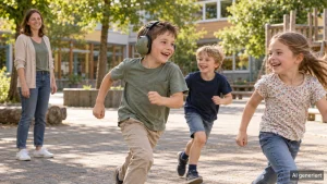Junge mit Gehörschutz spielt mit anderen Kindern Fangen; eine Schulbegleiterin steht links im Hintergrund
