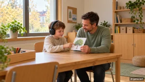 Junge mit Kopfhörern und Assistent sitzen am Tisch neben einem großen Fenster im ruhigen Schulraum