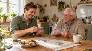 Ein junger Alltagsbegleiter und ein Senior lachen beim Kartenspiel am Küchentisch