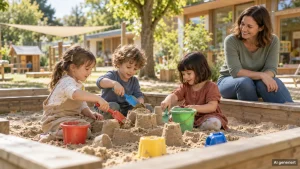 Drei Kinder bauen gemeinsam eine Sandburg, eine Begleiterin schaut lächelnd zu