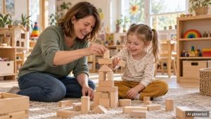 Kitabegleiterin baut mit einem Mädchen einen Holzklotzturm
