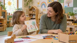 Kleines Mädchen zeigt einer lächelnden Kindergartenbegleiterin sein buntes Bild