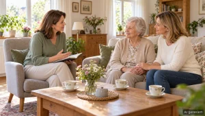 Mitarbeiterin von GLÜCKSMOMENTE hört einer Seniorin und ihrer Tochter beim Erstgespräch im Wohnzimmer aufmerksam zu