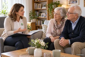 Neue Pflegereform: Beraterin von GLÜCKSMOMENTE bespricht mit einem Ehepaar die Leistungen der Pflegekasse