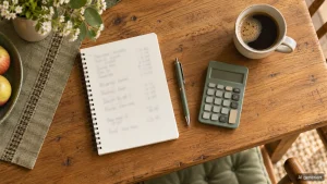 Notizblock mit unscharfen Stundennotizen, Taschenrechner und grüner Kaffeetasse auf einem Holztisch