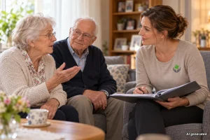 Pflegegeld 2027: Seniorin stellt der Beraterin Fragen zum geplanten Entlastungsbudget
