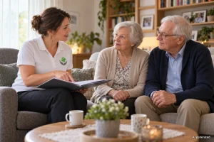 Pflegegeld 2027 Beratung: Beraterin erklärt einem älteren Ehepaar zu Hause die Leistungen der Pflegekasse