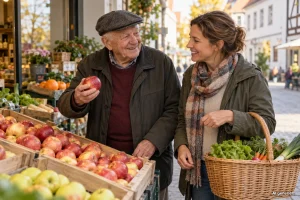 Pflegegeld Pflegegrad 2: Älterer Herr und Alltagsbegleiterin kaufen gemeinsam auf dem Markt ein