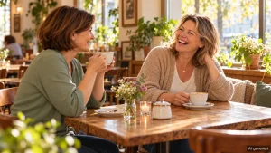 Pflegende Angehörige lacht entspannt mit einer Freundin beim Kaffee