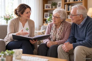 Pflegereform 2027: Beraterin erklärt einem älteren Ehepaar zu Hause die geplanten Änderungen