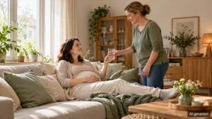 Risikoschwangerschaft Hilfe: Eine schwangere Frau ruht auf dem Sofa und erhält ein Glas Wasser