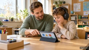 Schulassistent erklärt einem Jungen mit Kopfhörern eine Aufgabe auf einem Tablet
