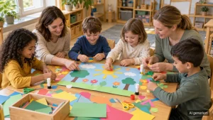 Zwei Schulassistentinnen basteln mit vier Kindern Papierblumen am Gruppentisch