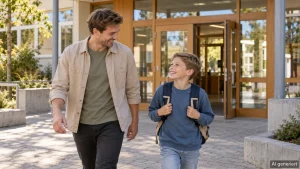 Schulbegleiter Jobs Kaiserslautern: Junger Schulbegleiter und Schüler mit Rucksack lachen vor dem Schuleingang