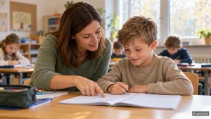 Schulbegleiterin unterstützt einen leicht lächelnden Jungen beim Schreiben im Klassenzimmer