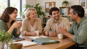 Vier Schulbegleiterinnen und Schulbegleiter lachen bei einer Teambesprechung am Holztisch