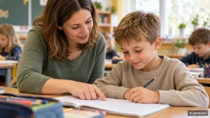 Schulbegleitung Kaiserslautern: Schulbegleiterin und Grundschüler bearbeiten gemeinsam eine Aufgabe, weitere Kinder sitzen im Hintergrund