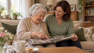 Seniorenbetreuung zu Hause: Alltagsbegleiterin und Seniorin lachen beim Betrachten eines Fotoalbums auf dem Sofa