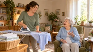 Eine Seniorin erzählt lachend, während eine Mitarbeiterin von GLÜCKSMOMENTE neben ihr Wäsche bügelt