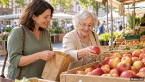 Seniorin wählt am Obststand einen Apfel, während eine Alltagsbegleiterin die Papiertüte hält