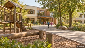 Sozialraumbudget Schulbegleitung: Kinder mit Schulranzen gehen an Bäumen und einem Spielplatz vorbei zum Grundschuleingang