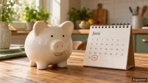 Sparschwein neben einem Kalender mit rot markiertem 30. Juni