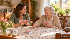 Seniorin und Betreuerin von GLÜCKSMOMENTE lachen gemeinsam beim Kartenspielen