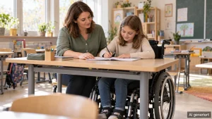 Teilhabeassistenz: Mädchen im Rollstuhl schreibt am Klassenzimmertisch, eine Assistentin hält das Heft fest