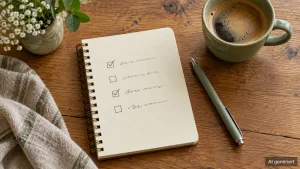 Vierpunkt-Checkliste mit zwei Häkchen neben Kaffee und Stift