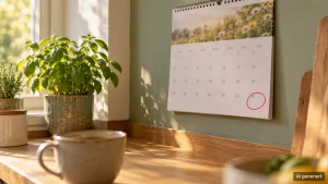 Wandkalender mit rot markiertem Monatsende, Kaffeetasse und Kräutern im Sonnenlicht